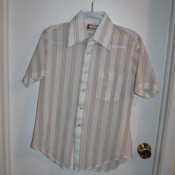 Vintage Men's Sutton Collection Knit 100% Poly White Tan & Peach Stripes 15 1/2 - Picture 1 of 2